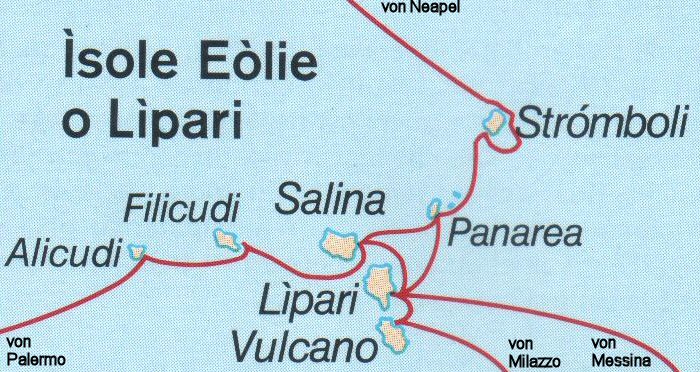 Liparische Inseln, Ueberblick. Mit Klick hier auf die Karte gibt es mehr Details über die Inseln, aber auch zu unserer Route.